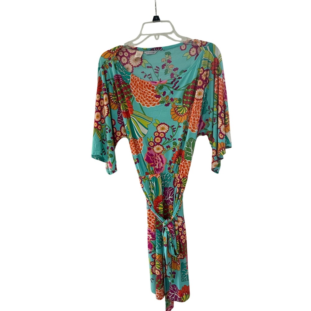 Trina Turk Tropical Floral Dress Womens M Teal Pink Orange Belted Stretch